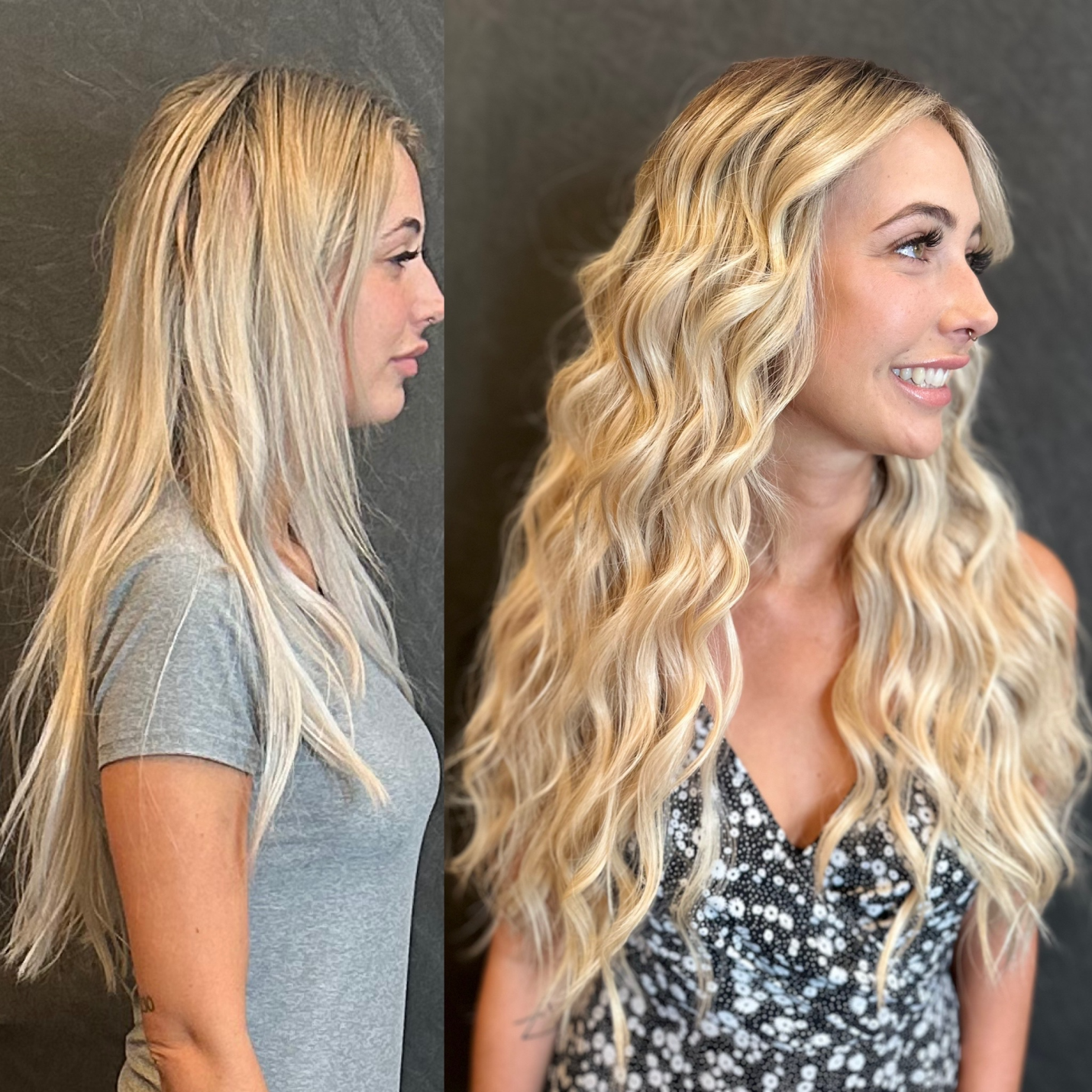 The image shows hair transformation through extensions