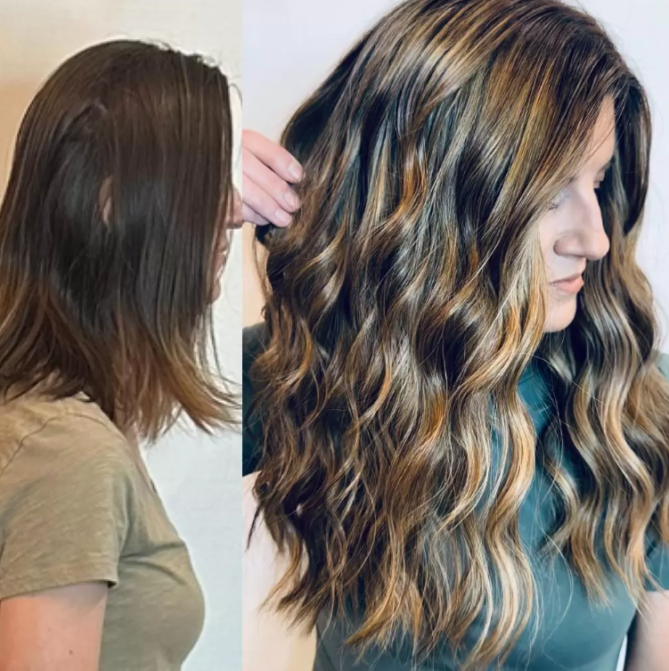A woman with balayage hair color