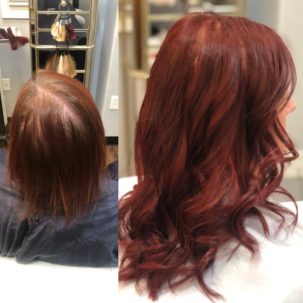 A woman, after getting IBE hair extensions in Frisco