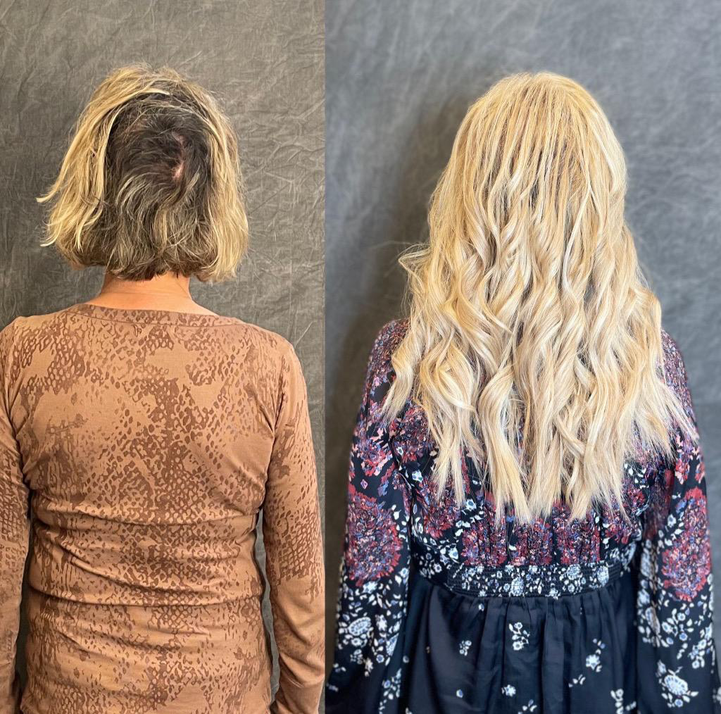 Side-by-side image of a woman before and after getting blonde hair color and extensions