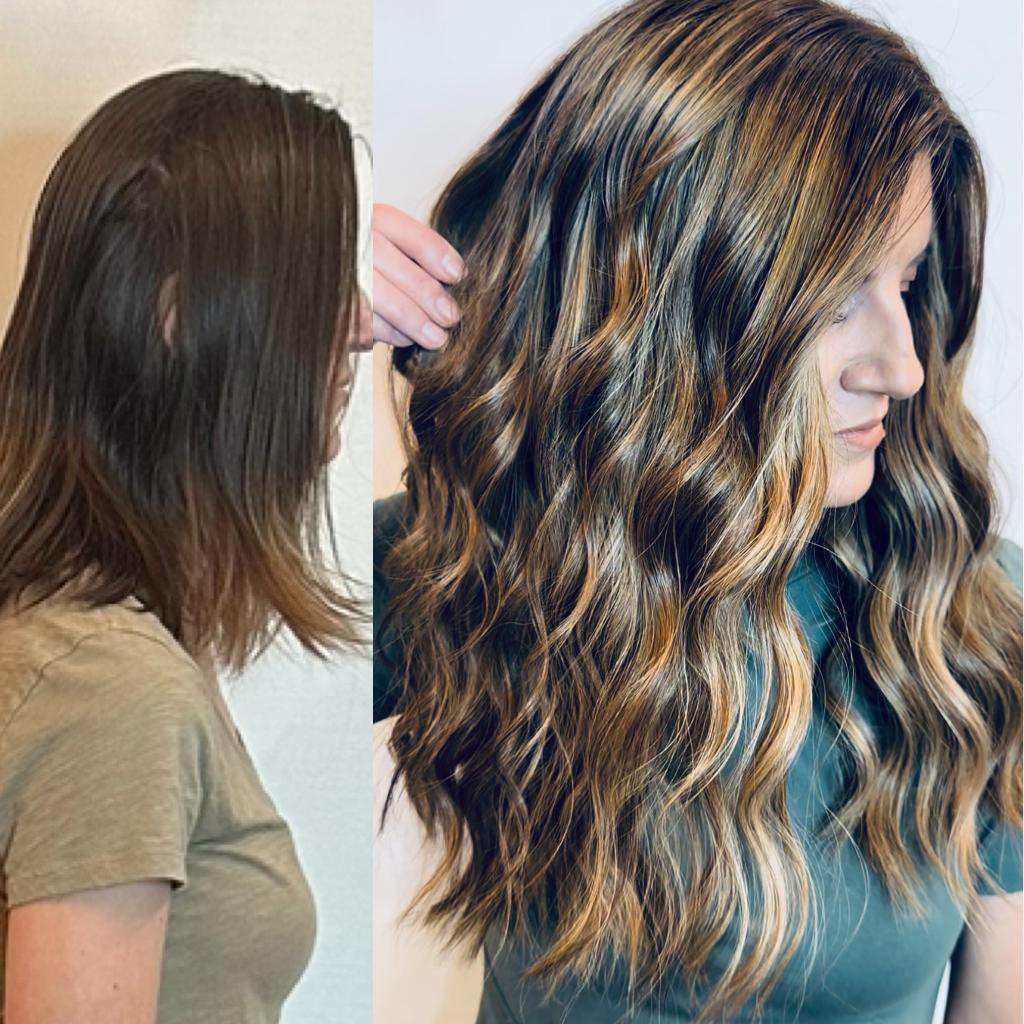 A before-and-after image showing a woman’s dull, faded hair transformed into beautiful hair with extensions after color correction