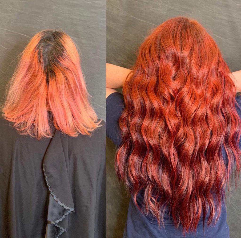 Before and after of a woman’s hair showing undone roots needing correction, and vibrant red hair with extensions after treatment