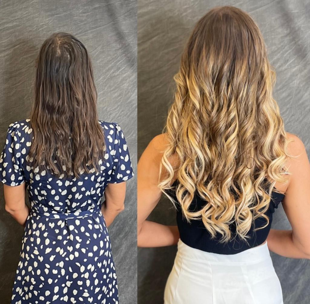 Before and after image of a woman with dull hair, transformed into long, voluminous locks using hair extensions and root shadow technique